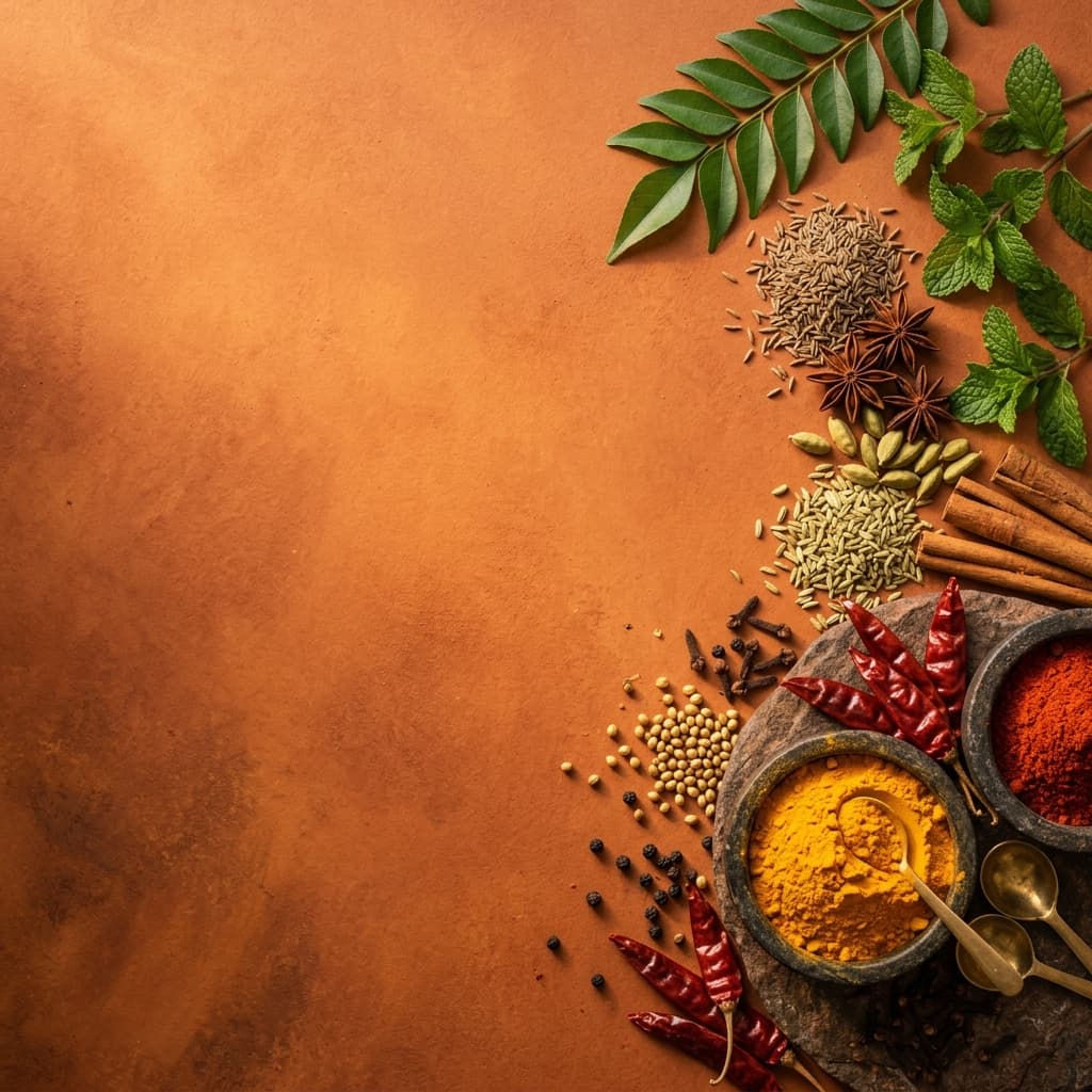 Authentic Indian Spices - Turmeric, Chilli, Whole Spices, Fresh Leaves